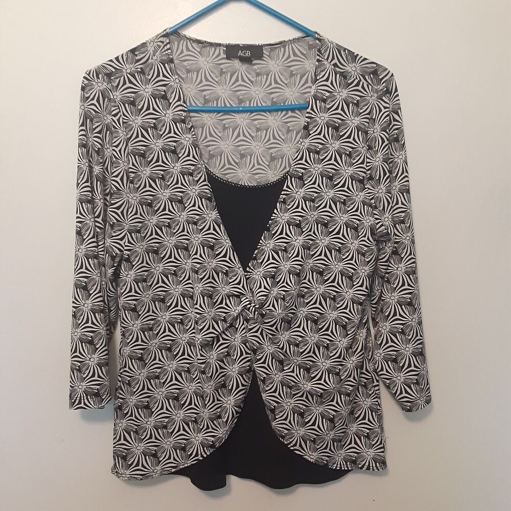 Vintage 90s Y2K Black White Floral Top Sz L Boho Grunge Made USA
